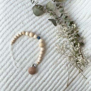 Neutral Silicone and Wood Bead Pacifier/Teether Clip